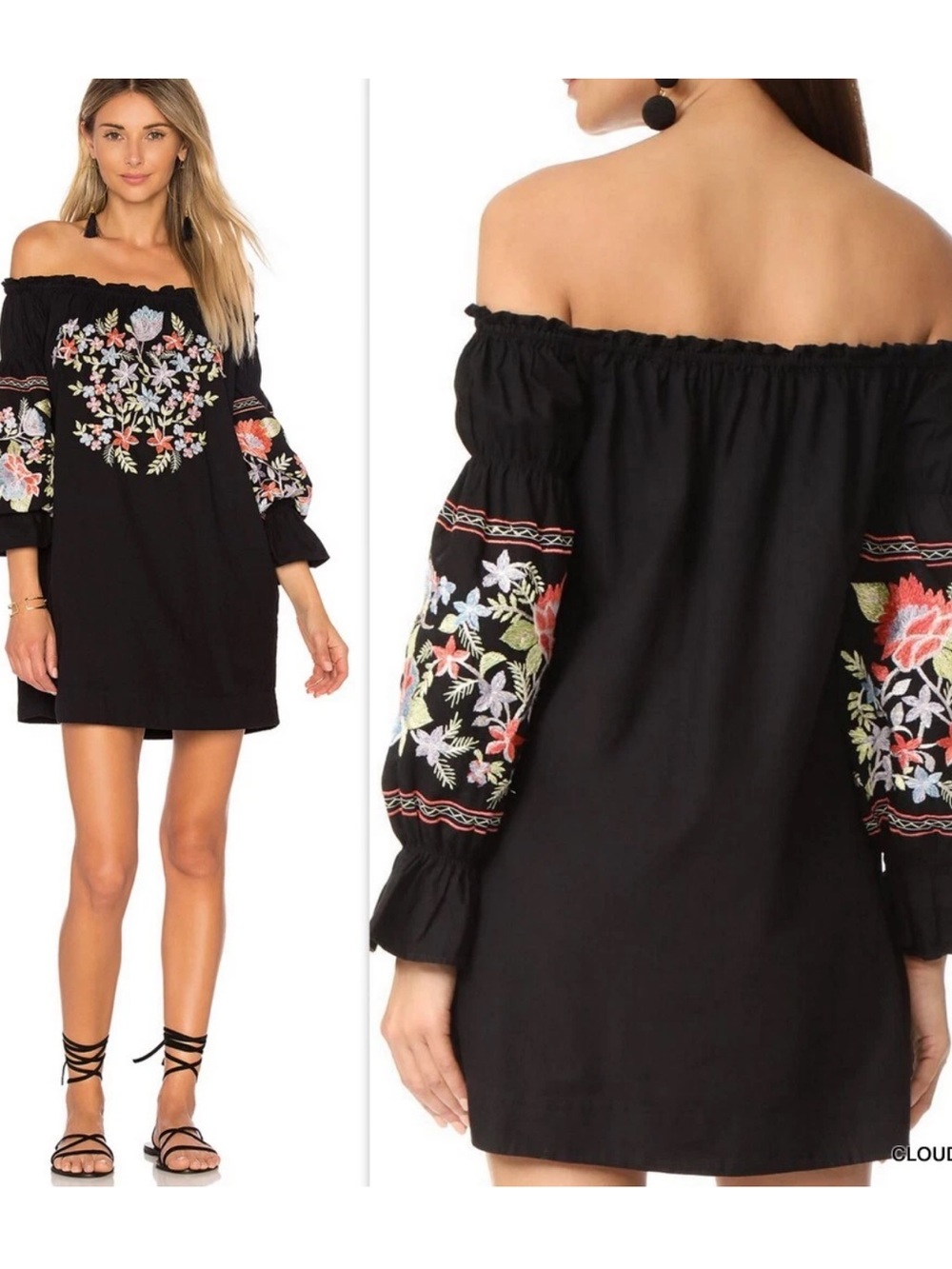 Free People Fleur Du Jour Mini Dress Black Floral Embroidery